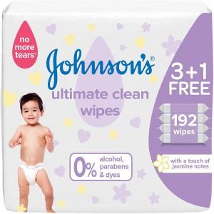 Johnson's Baby Wipes, Ultimate Clean, Formula Free of Alcohol, Parabens & Dyes, 3+1, 192 Wipes
